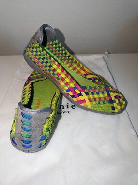 bernie mev. Vibrant Woven Slip-On Flats in Neon Green Multi